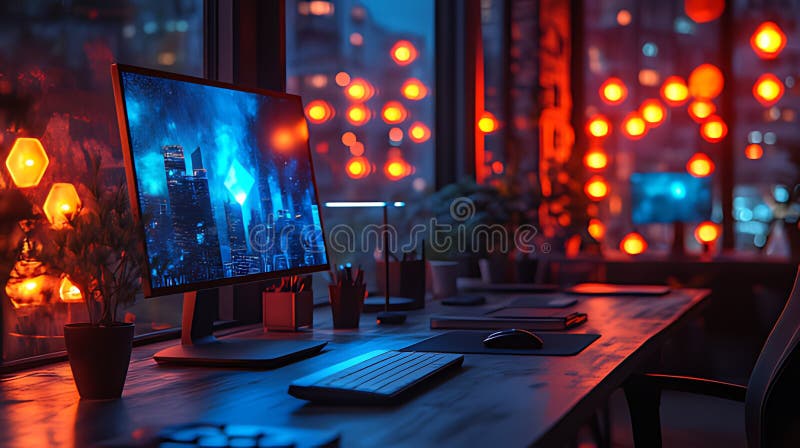 Spațiu de lucru de birou de noapte luminat birou modern decor luminos artă digitală stock illustration