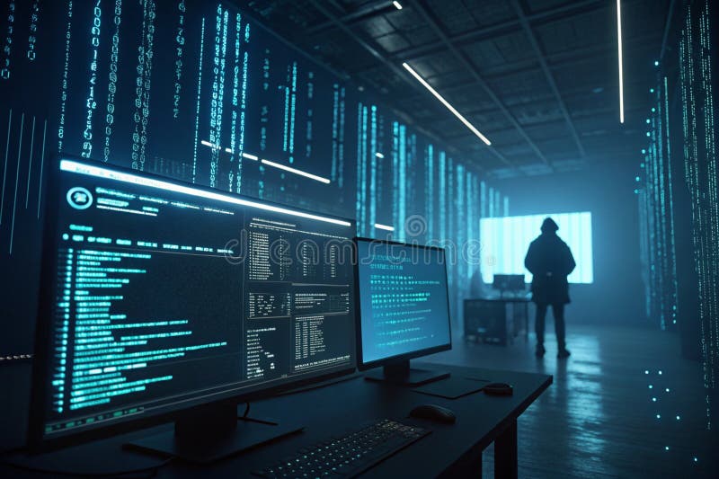 Spațiu de lucru de codificare cu iluminare redusă, cu mai multe monitoare care afișează codul de programare, oferind un vibe tehno vector illustration