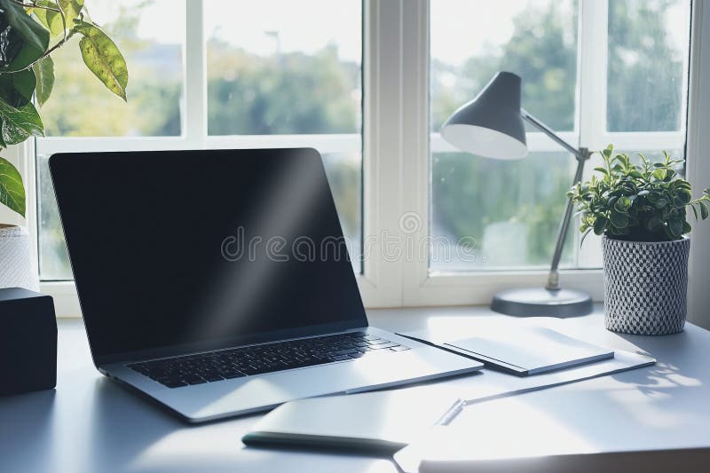 Spațiu de lucru confortabil cu lampă de notebook și plante după fereastră stock photo
