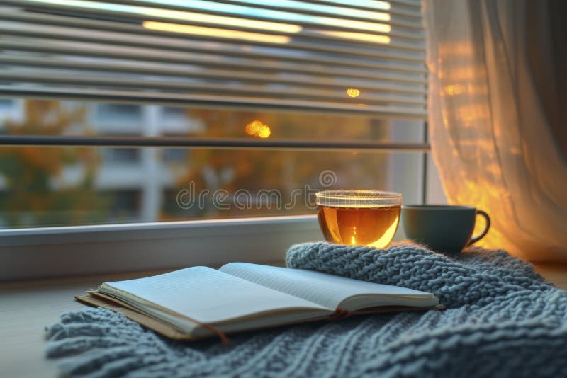 Spațiu de lucru confortabil pentru acasă cu ceașcă de ceai și notebook deschis cu fereastră, ușor și ușor royalty free stock images