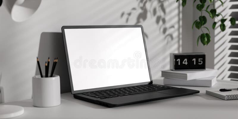Spațiu de lucru elegant și modern pentru notebook, cu randare minimalistă 3d decodare minimalistă vector illustration