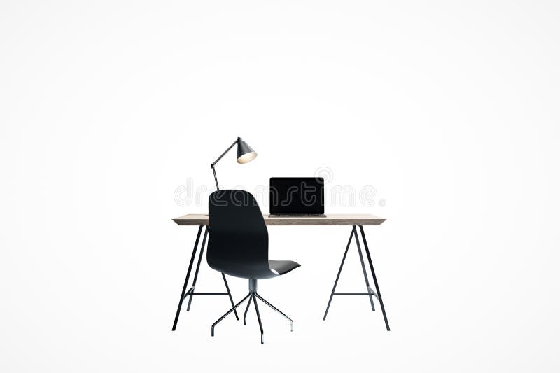 Spațiu de lucru minimalist cu mobilă modernă pe fundal alb 3D Redare. Un spațiu de lucru minimalist care include o lampă de birou pentru notebook și un scaun. Design modern pe un fundal alb curat. Conceptul de redare 3D simplă