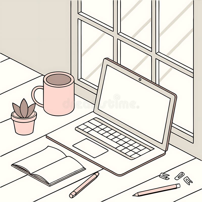 Spațiu de lucru senin : Notebook și cafea de la Windows royalty free illustration