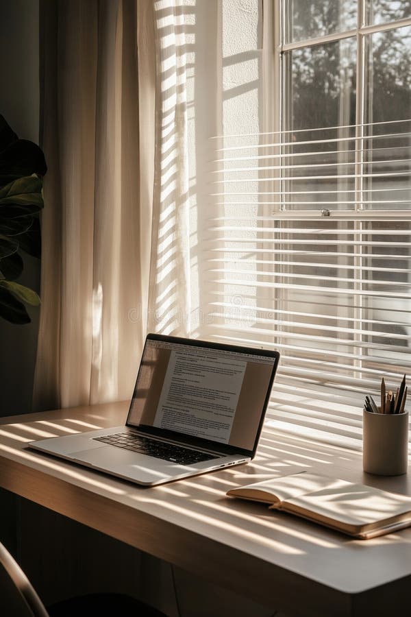 Spațiu de lucru însorit, cu birou pentru notebook-uri și ferestre cu jaluzele stock photo