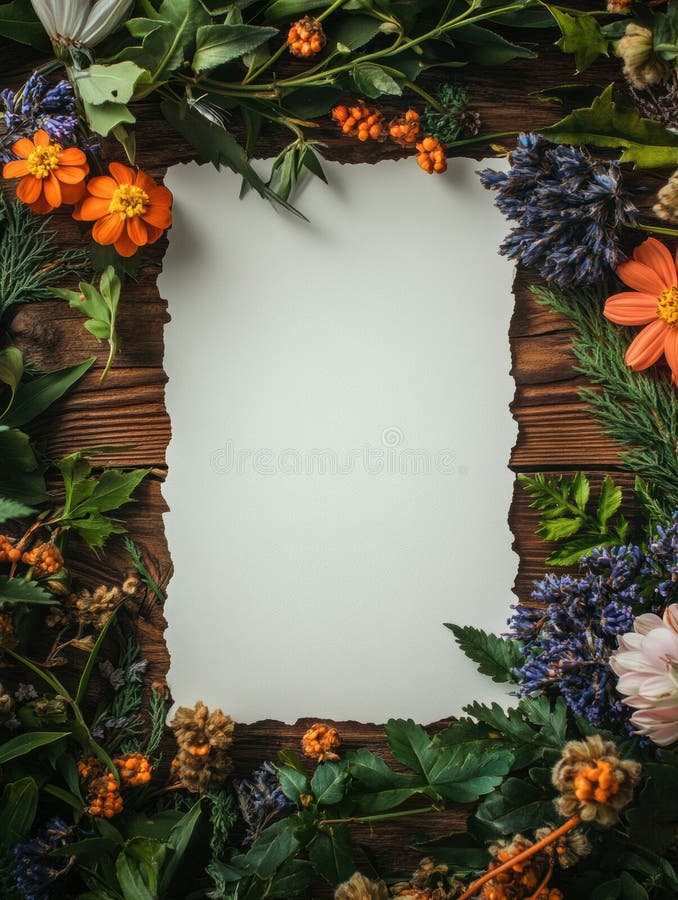 Spațiu de machetă creativă încadrat cu flori vibrante și verdeață pentru text sau elemente de proiectare adecvate invitațiilor sau stock photo