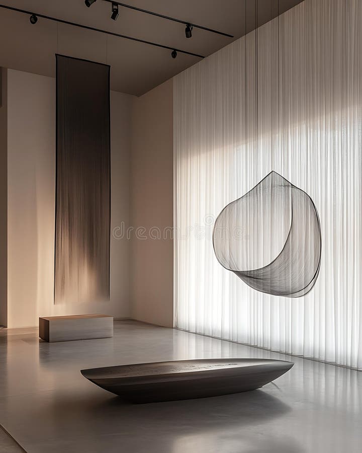 Spațiu de tăcere stratificat emoțional cu gradienți monocromatici, piese sculpturale suspendate și rezonanță moale Mystic Producti stock illustration