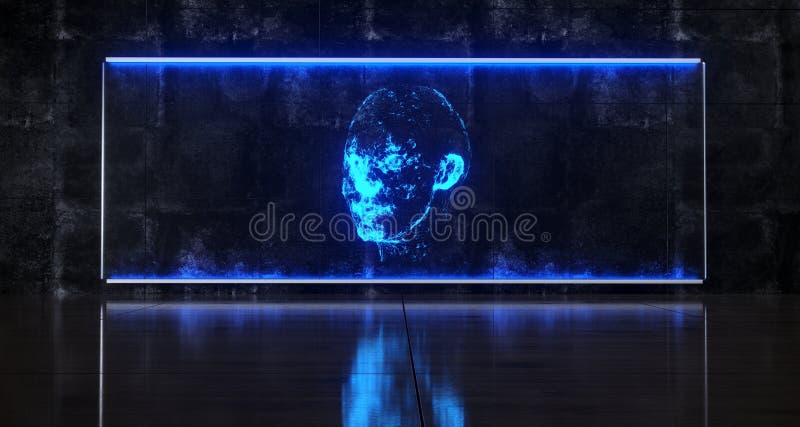 Spațiu de știință futurist cu hologramă de sticlă luminoasă albastră cu lumină albastră și cu royalty free illustration
