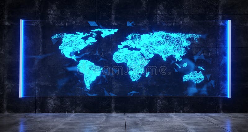 Spațiu de știință futurist cu hologramă de sticlă luminoasă albastră cu lumină albastră și cu stock illustration