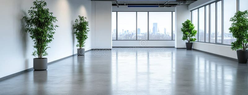 Spațiul birourilor spațioase evidențiază decorarea industrială a ferestrelor mari și a verdeții, creând un spațiu de lucru străluc royalty free stock photos
