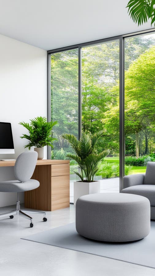 Spațiul birourilor spațioase evidențiază decorarea industrială a ferestrelor mari și a verdeții, creând un spațiu de lucru străluc stock images