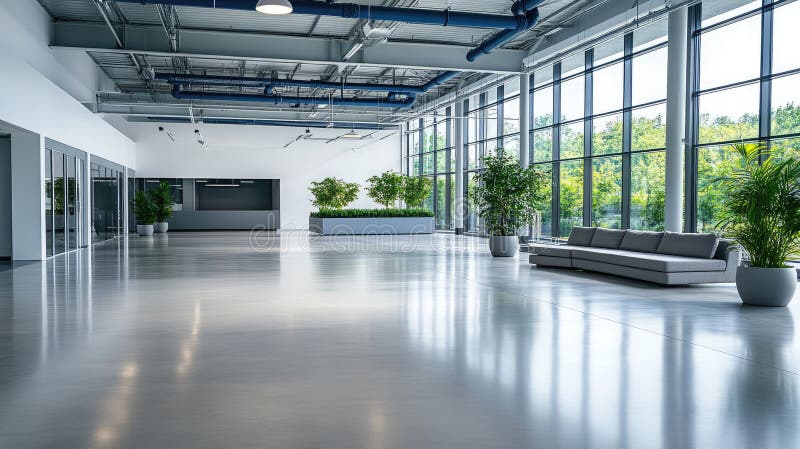 Spațiul birourilor spațioase evidențiază decorarea industrială a ferestrelor mari și a verdeții, creând un spațiu de lucru străluc stock photos