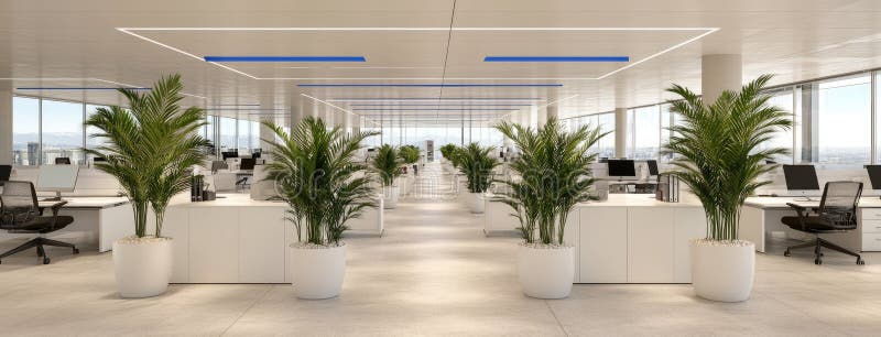 Spațiul birourilor spațioase evidențiază decorarea industrială a ferestrelor mari și a verdeții, creând un spațiu de lucru străluc stock photography