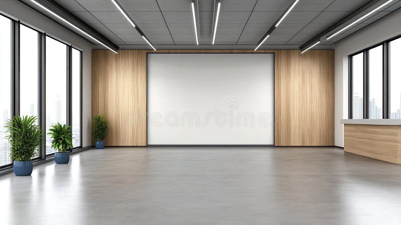 Spațiul birourilor spațioase evidențiază decorarea industrială a ferestrelor mari și a verdeții, creând un spațiu de lucru străluc royalty free stock images