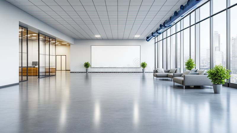 Spațiul birourilor spațioase evidențiază decorarea industrială a ferestrelor mari și a verdeții, creând un spațiu de lucru străluc stock images