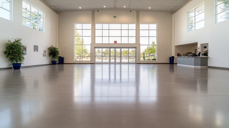 Spațiul de birou spațios evidențiază decorul industrial ferestre mari și verdeață, creând un spațiu de lucru luminos și primitor p stock images