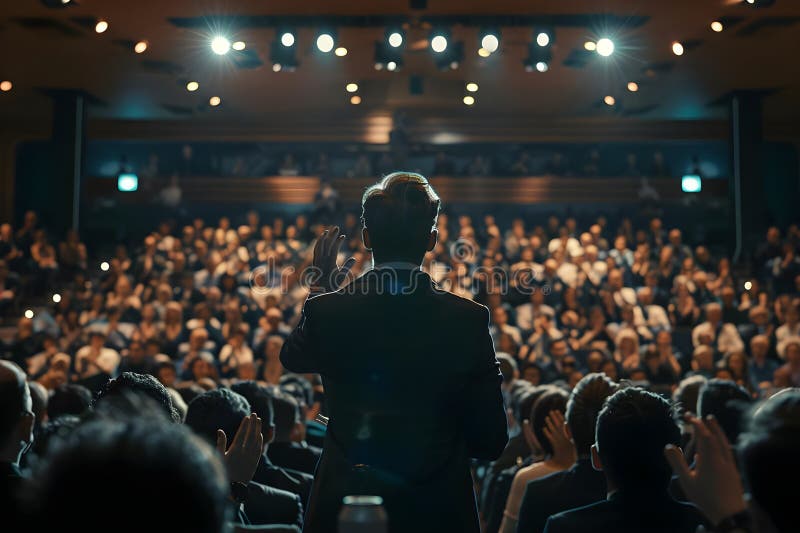 Speaker Presents Captivating Speech to Large Audience in Well-Lit Auditorium Engaging Presentation Skills, Powerf stock photos