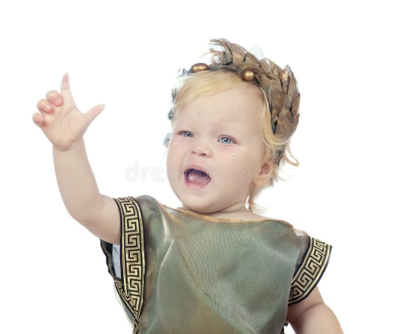 Speaking baby girl in a greek fancy dress