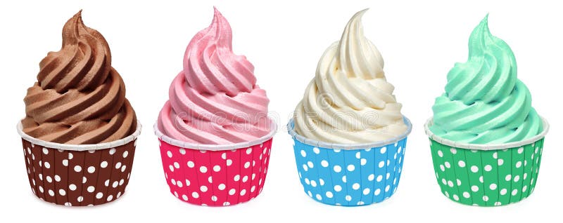 Spearmint, chocolate, vanilla and strawberry soft ice cream or frozen yogurt on white background