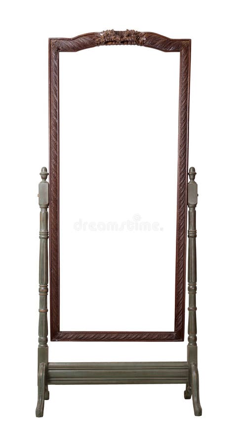 Specchio vestentesi diritto cheval rettangolare decorato di legno d'annata dipinto nei colori verde scuro e marroni isolati su bi immagine stock Specchio vestentesi diritto cheval rettangolare decorato di legno d'annata dipinto nei colori verde scuro e marroni isolati su bi immagine stock