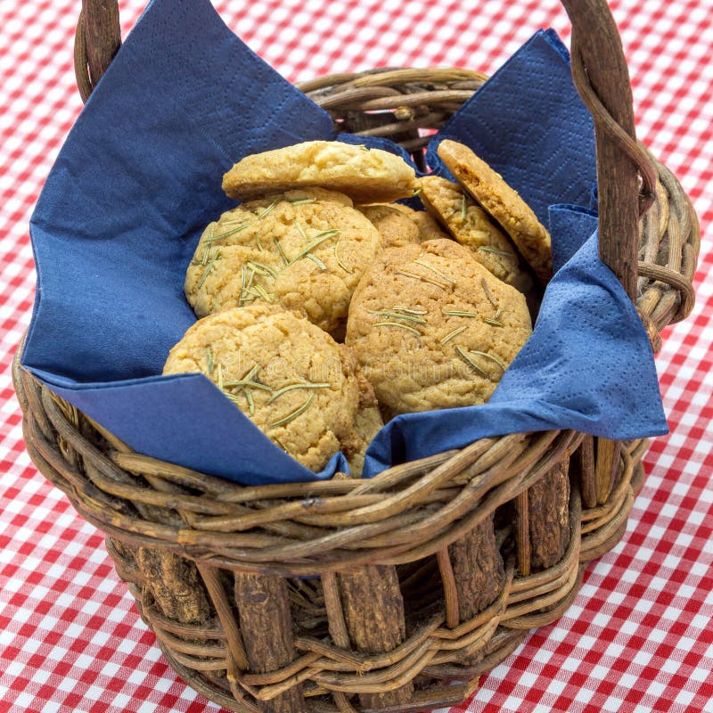 Special Biscuits Cake in Wooden Basket with Tablecloth Stock Image