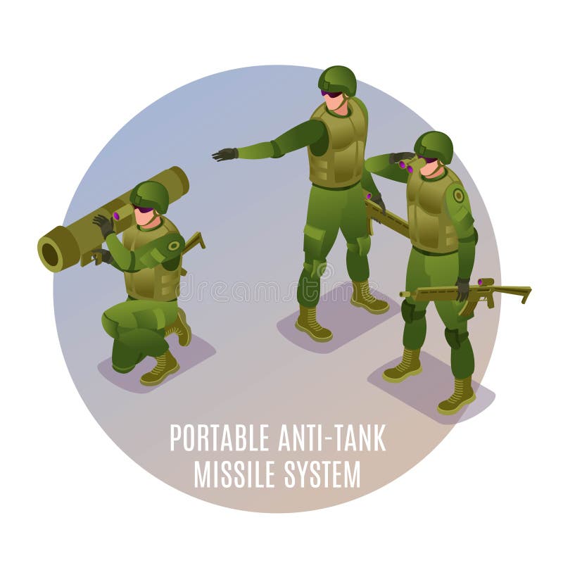 Portable Anti-Tank Missile System in action, Modern Army Soldiers illustration isometric icons on isolated background