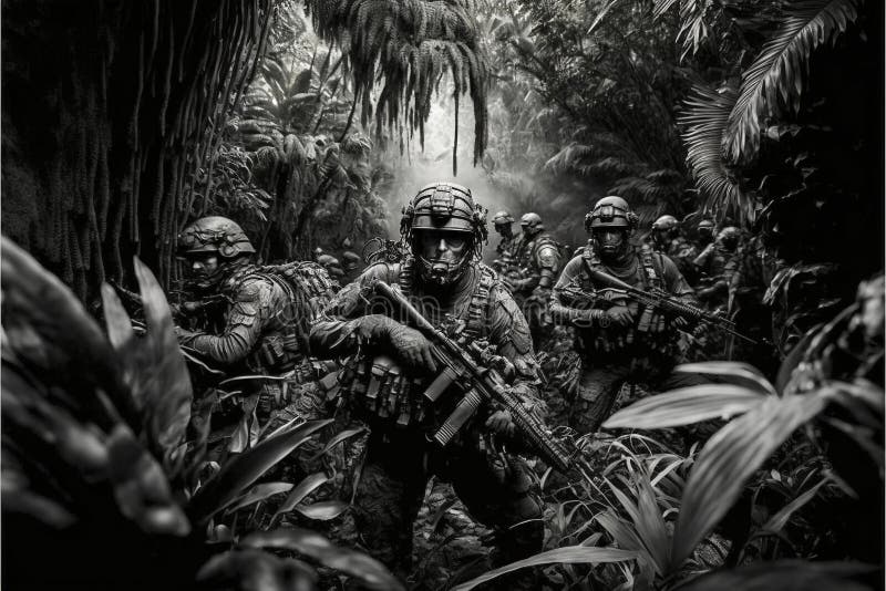 Special Forces in a Jungle stock illustration. Illustration of marine