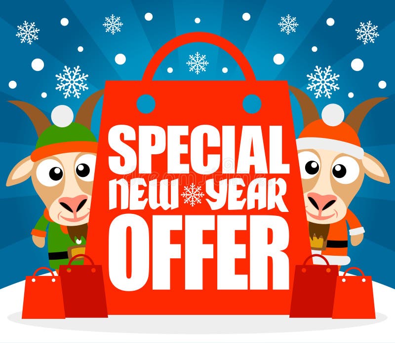 Special New Year Offer card with funny goats royalty free illustration Special New Year Offer card with funny goats royalty free illustration