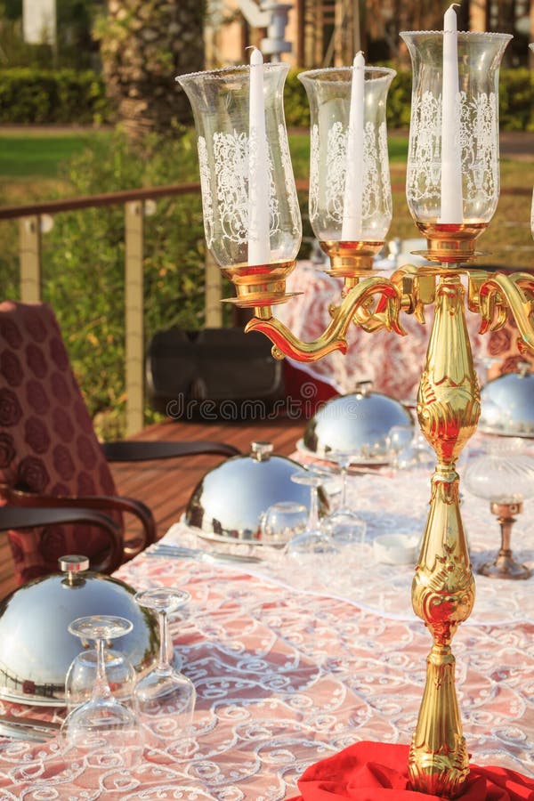 Special Occasion Table Setting in a Luxury Outdoor Restaurant Stock