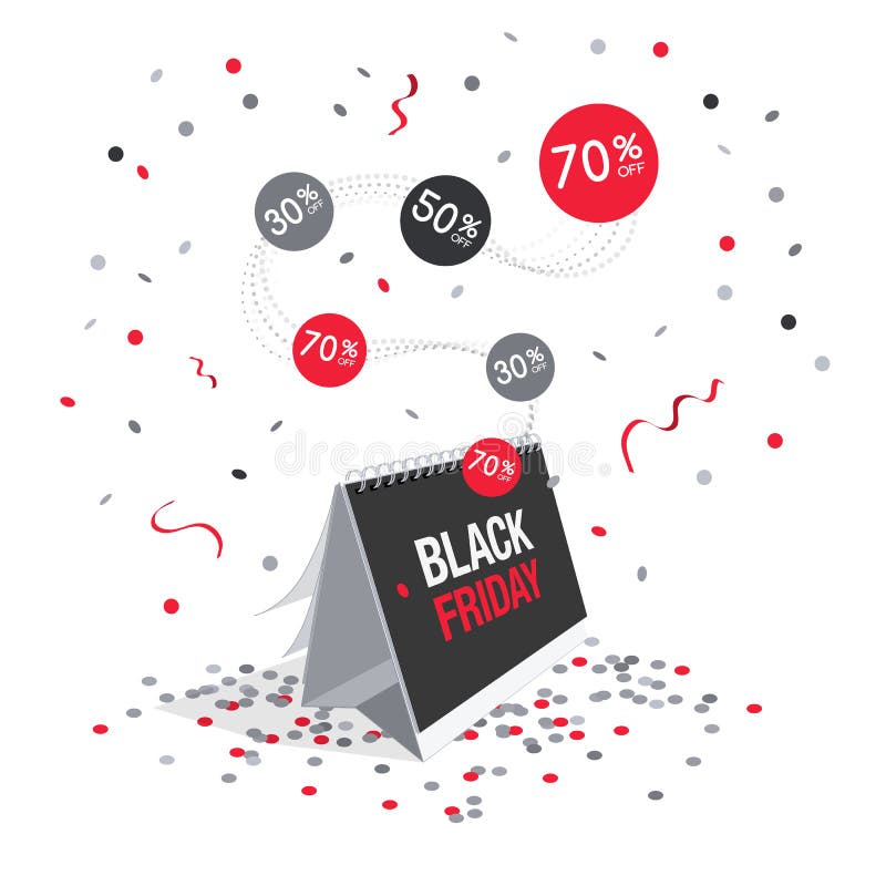 Special offer black friday discount symbol with calendar and flying confetti vector illustration Special offer black friday discount symbol with calendar and flying confetti vector illustration