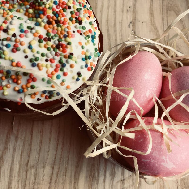 Easter Cake Paska in Straw and the Coloured Eggs Krashanka Stock Image