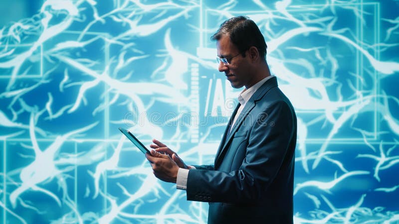 IT specialist coding on tablet, programming artificial intelligence stock images