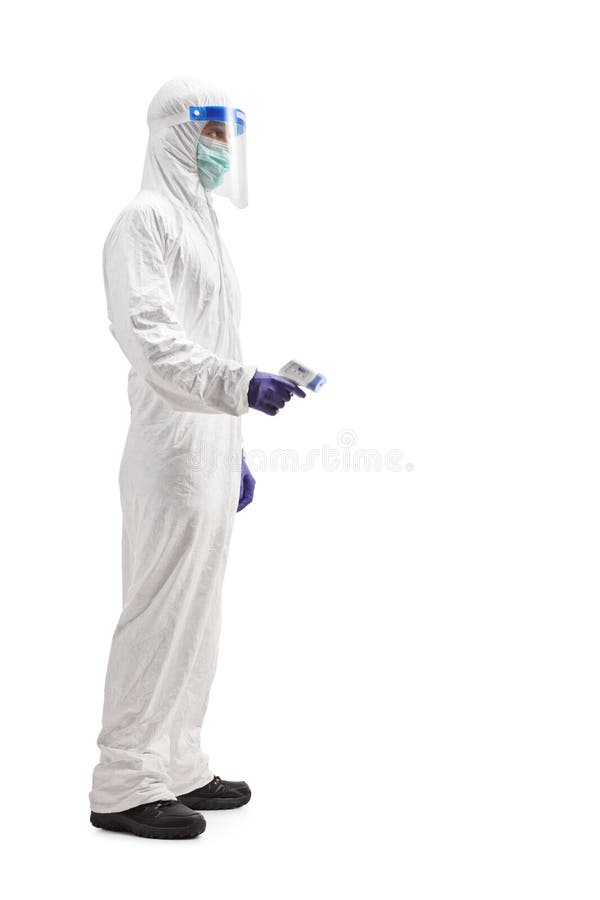 Specialist in a Hazmat Suit Holding a Thermometer Stock Image - Image ...