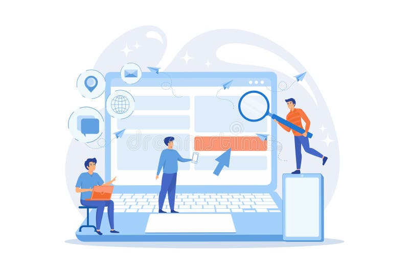 IT specialist identify user across mobile, laptop and tablet. Cross-device tracking and capability stock illustration