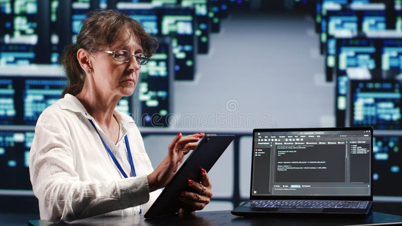 Specialist running code in server room stock photos