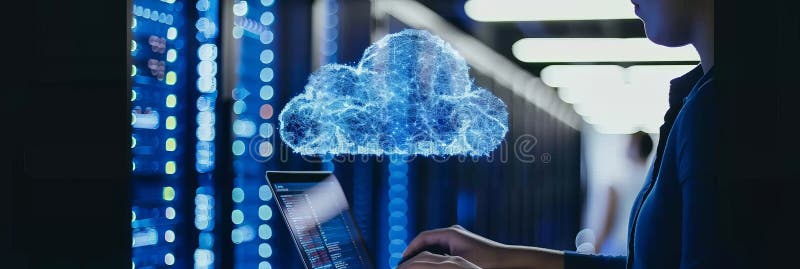 IT Specialist Using Laptop, Holographic Cloud Above Server Rack, Data Center Innovation royalty free illustration