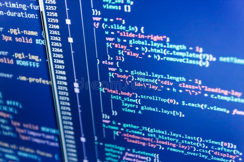 IT specialist workplace. Modern tech. Hacker api text on the computer screen. Writing programming code on laptop. Source code script stock images, royalty-free photos and pictures