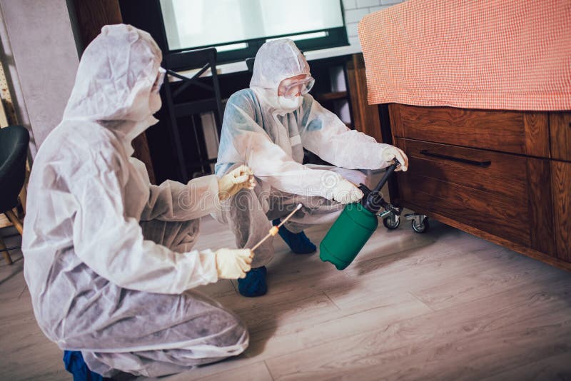 Specialists in protective suits do disinfection or pest control in the apartment