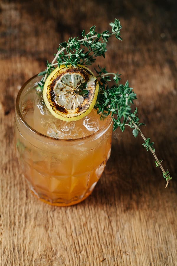 Specialty Bourbon Cocktail with Torched Thyme Stock Photo Image of