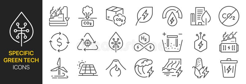 Specific Green Tech icon set. It includes Carbon Capture, Carbon, Hydrogen, Electrolysis, clean energy, and more icons. stock illustration