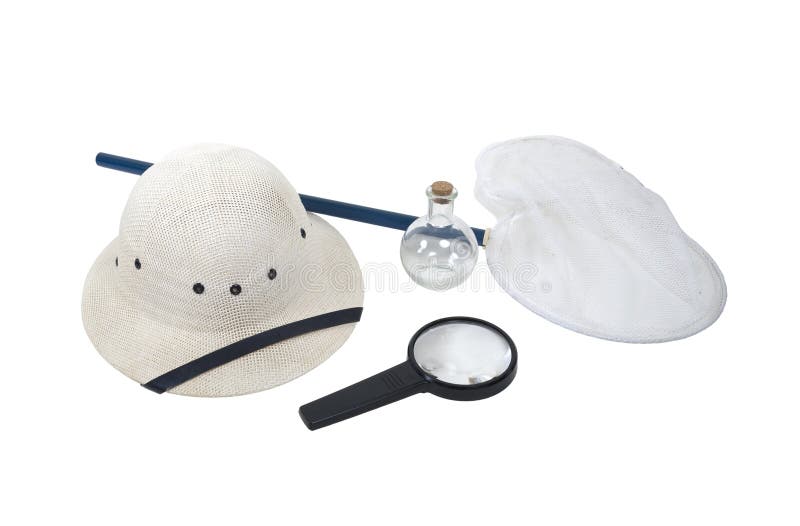 Specimen collection kit shown by a pith helmet, butterfly net, magnifying glass, and sample jar. Specimen collection kit shown by a pith helmet, butterfly net, magnifying glass, and sample jar