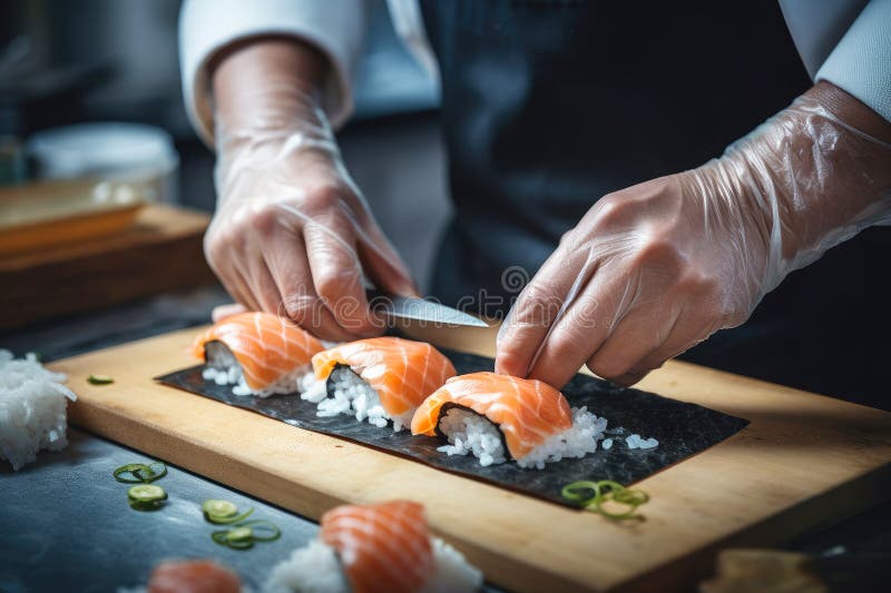 Sushi chef's expertise: artful hands at work. Sushi chef's expertise: artful hands at work.