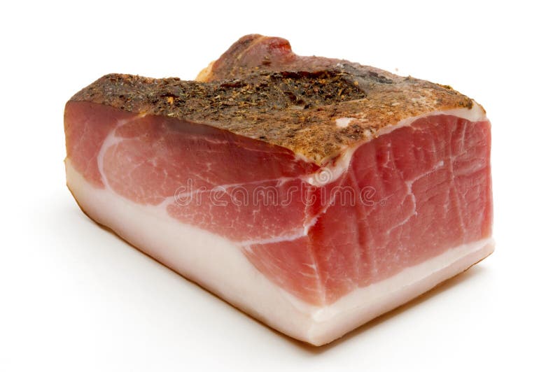 Speck (juniper-flavored ham originally from Tyrol) on a white background