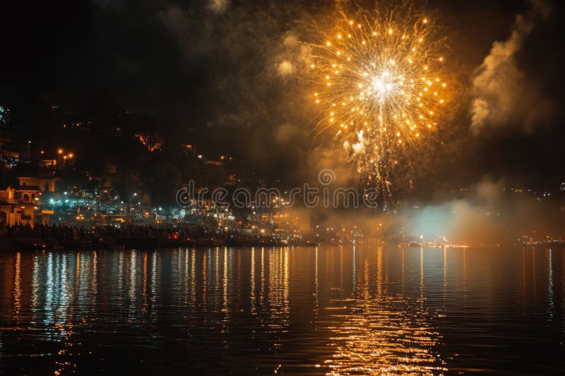 Spectacle de feux d'artifice au-dessus d'un paysage urbain reflétant sur un lac la nuit illustration stock
