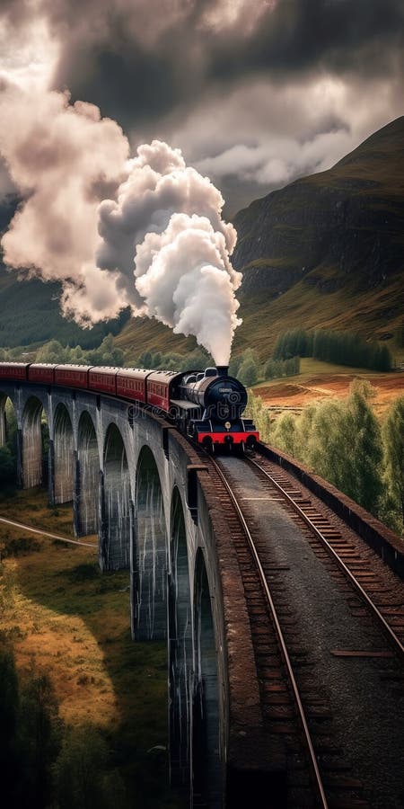jin: The Hogwarts Express during sunrise, isometric diorama, Scotland  Highlands, cinematic lighting, owls, photorealistic, high detail, wide-angle