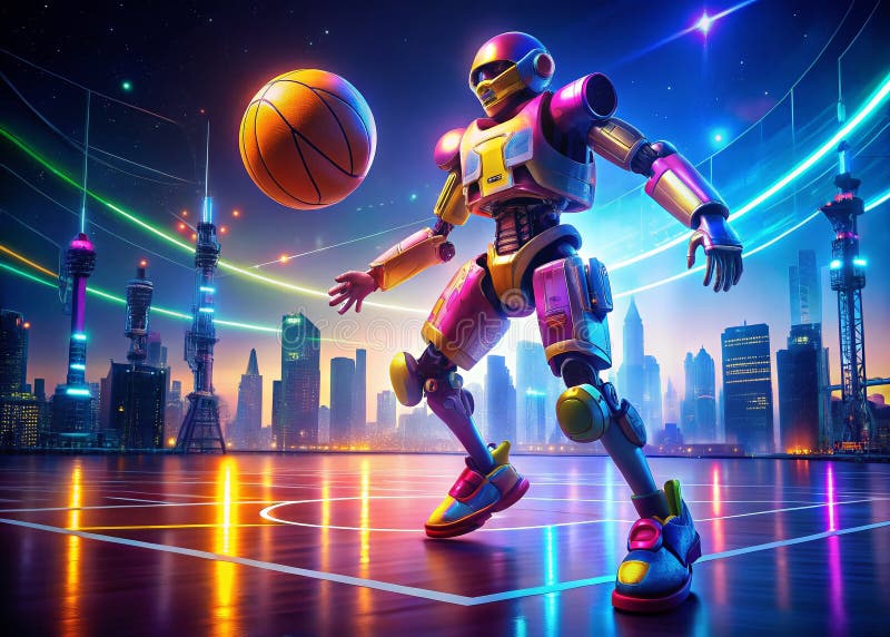 Spectacular Aerial View of a Vibrant Futuristic Basketball Robot Dominating the Court in a HighTech Arena Witness the royalty free illustration