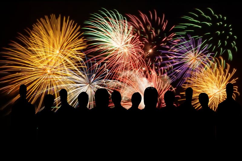 Group Of People Enjoying Spectacular Fireworks Show In A Carnival Or Holiday Stock Image Image