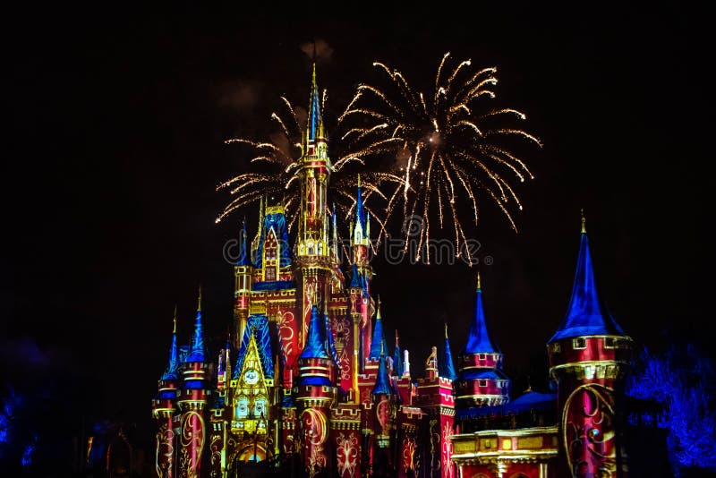 Spectacular fireworks in Happily Ever After Show at Cinderella`s Castle in Magic Kingdom 19. Orlando, Florida. December 05, 2019. Spectacular fireworks in royalty free stock photography Spectacular fireworks in Happily Ever After Show at Cinderella`s Castle in Magic Kingdom 19. Orlando, Florida. December 05, 2019. Spectacular fireworks in royalty free stock photography