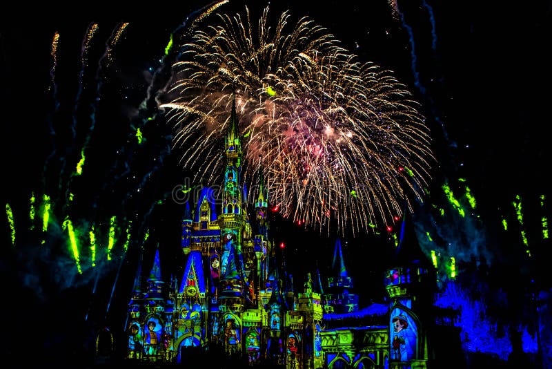 Spectacular fireworks in Happily Ever After Show at Cinderella`s Castle in Magic Kingdom 24. Orlando, Florida. December 05, 2019. Spectacular fireworks in royalty free stock photography Spectacular fireworks in Happily Ever After Show at Cinderella`s Castle in Magic Kingdom 24. Orlando, Florida. December 05, 2019. Spectacular fireworks in royalty free stock photography