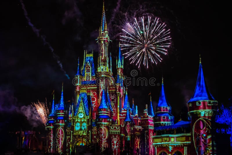 Spectacular fireworks in Happily Ever After Show at Cinderella`s Castle in Magic Kingdom 23. Orlando, Florida. December 05, 2019. Spectacular fireworks in stock images Spectacular fireworks in Happily Ever After Show at Cinderella`s Castle in Magic Kingdom 23. Orlando, Florida. December 05, 2019. Spectacular fireworks in stock images
