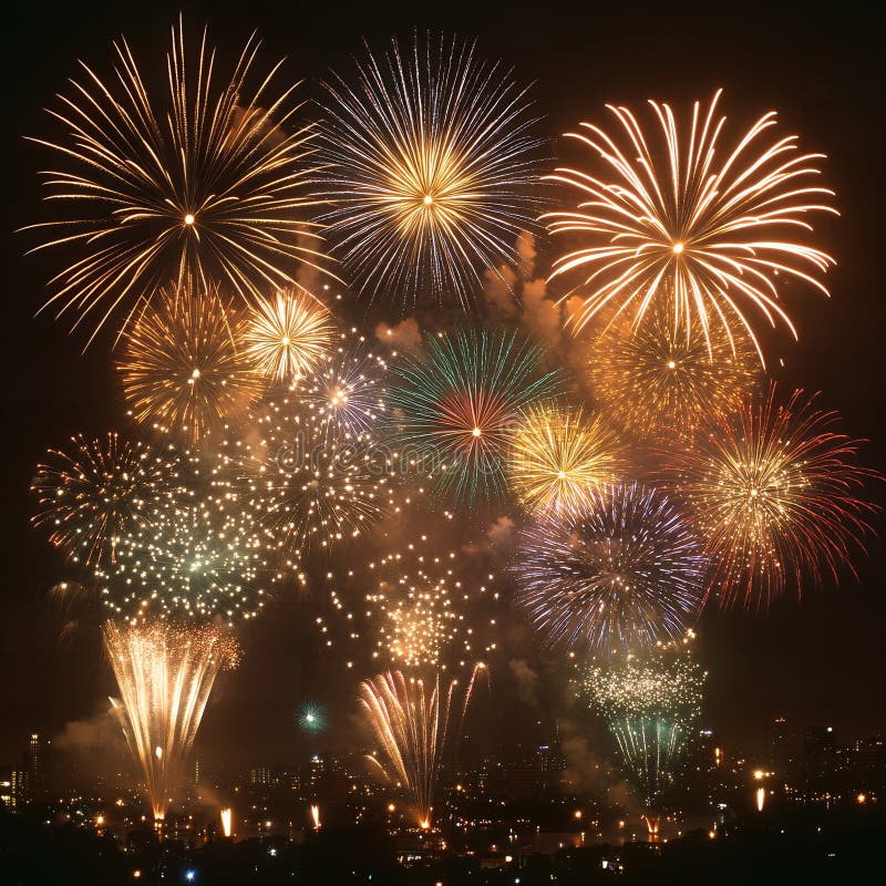 Spectacular nighttime fireworks display over city skyline celebration stock illustratie